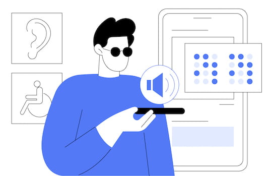Illustration of visually impaired man speaking into mobile phone