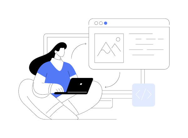 Web designer illustration of woman sitting with laptop infront of computer screen