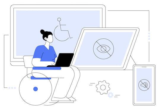 Illustration of woman in wheelchair with laptop on lap looking at larger computer screens