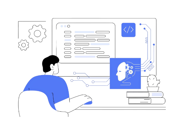 AI-engineer at desktop computer creating robotic-ai