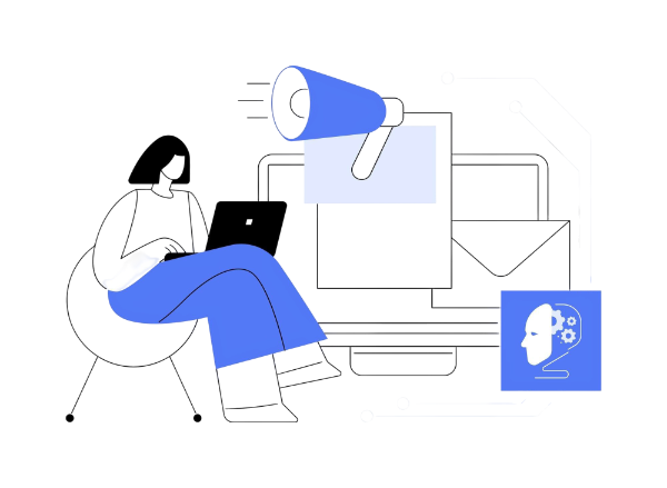Woman in chair with laptop creating AI personalized marketing messaging illustration.