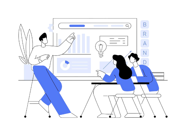 Three people in branding workshop talking in front of large computer screen abstract concept illustration