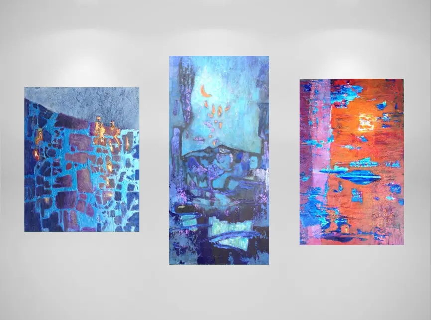 Majie's three abstract paintings on a wall