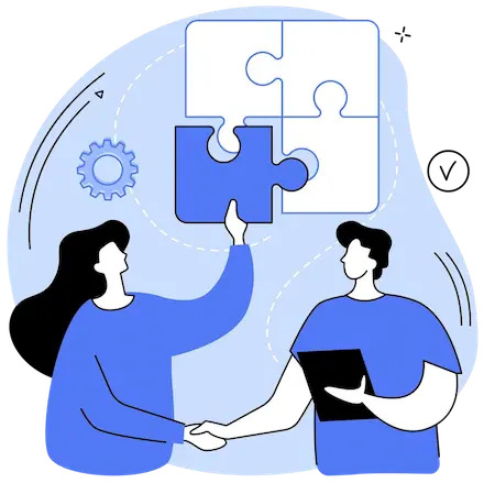 Mutual assistance depicts man and woman shaking hands as she fit puzzle piece into puzzle above head abstract concept illustration